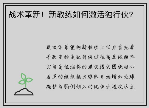 战术革新！新教练如何激活独行侠？